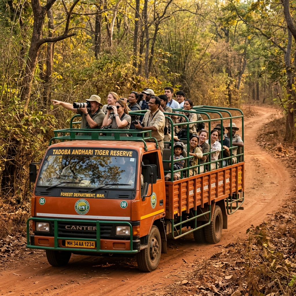 Tourists on a Canter group safari in Tadoba National Park jungle